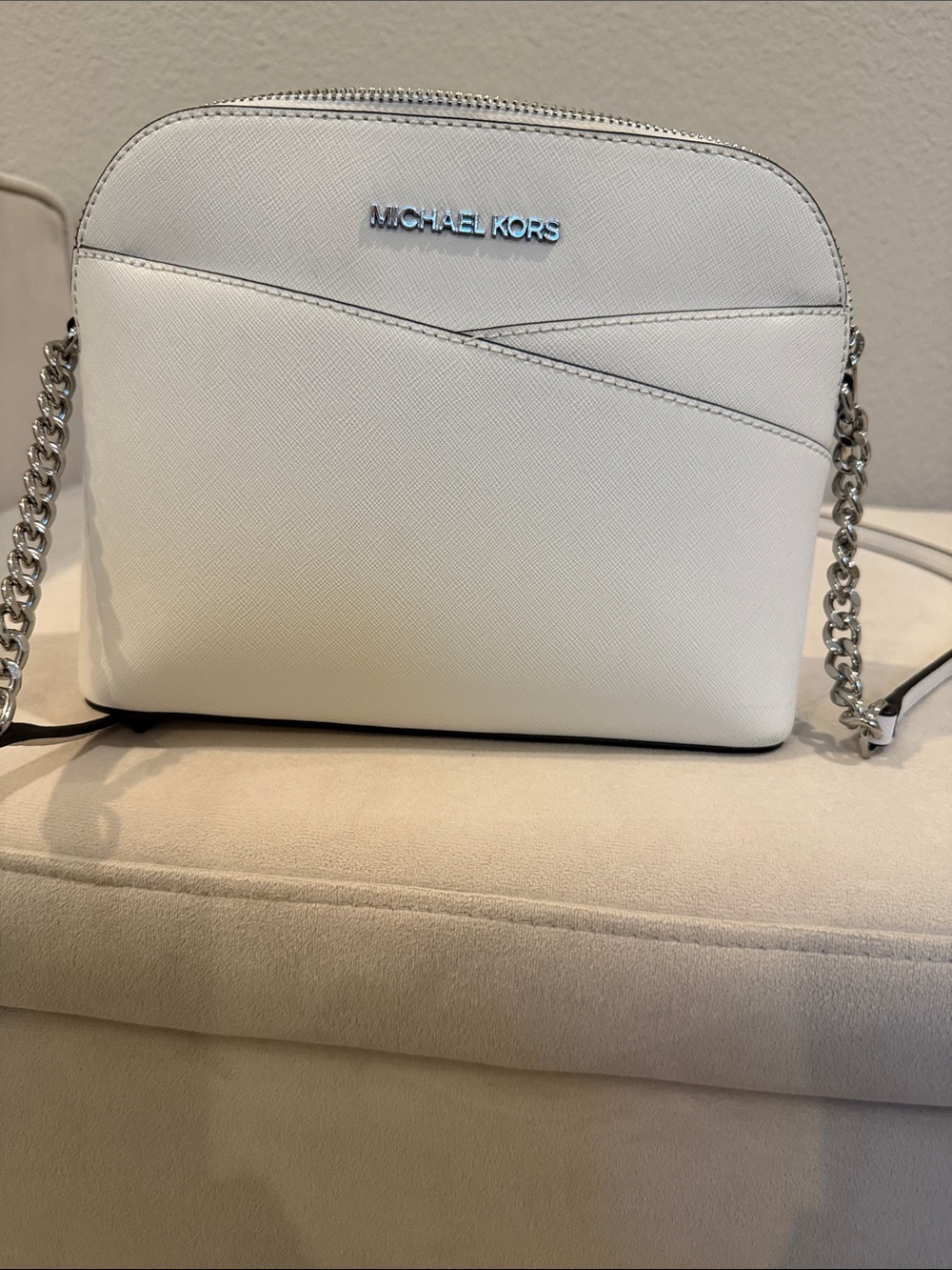 Michael Kors White Saffiano Crossbody with Silver Chain